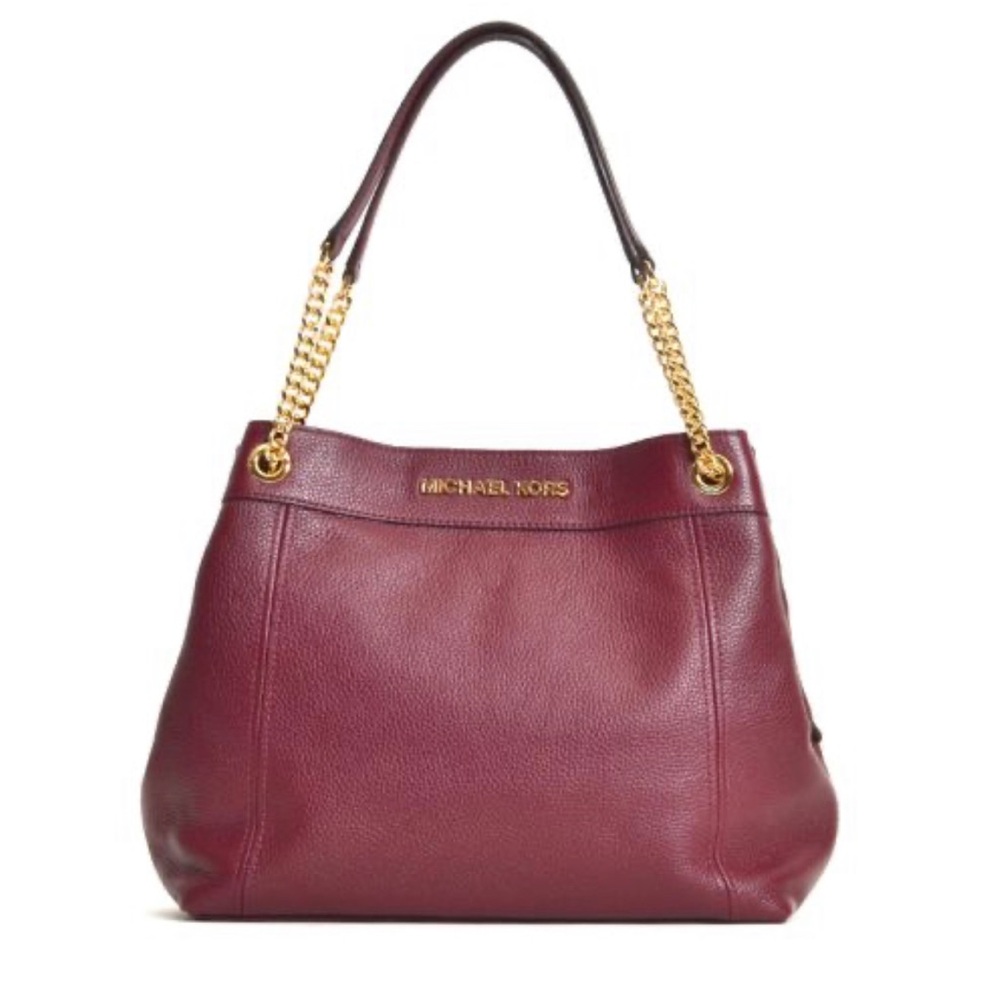 Michael Kors Jet Set Merlot Pebbled Leather Large Shoulder Bag Tote Chain Strap